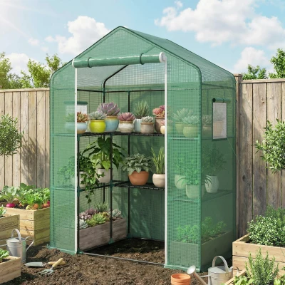 Outsunny Invernadero con 1 Puerta 2 Ventanas y Estantes de 2 Niveles en Forma de U para Cultivo de Plantas 140x73x190 cm Verde