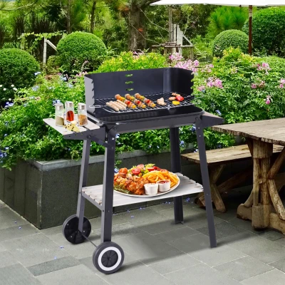 Outsunny Grillwagen Grillstation Standgrill mit Windschutz 2 x Ablagefach höhenverstellbar Grillrost Metall Schwarz 83 x 37 x 87 cm