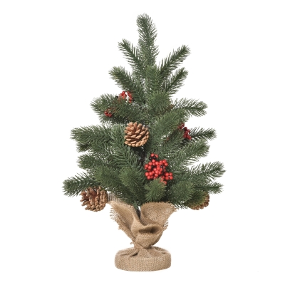 HOMCOM Mini-Weihnachtsbaum Weihnachtsdekoration, inkl. Schmuck, rote Beeren, 50 cm hoch, inkl. Zementsockel, Grün + Mehrfarbig