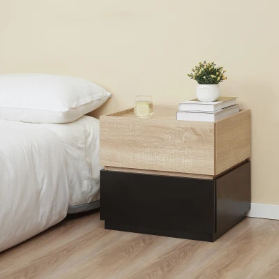 HOMCOM Mesa de Cabeceira com Gaveta Armário de Cabeceira Empilhável Cômoda de Gavetas Quarto Mesa de Cabeceira Painel de Partículas Preto+Natural 50 x 40 x 47,5 cm