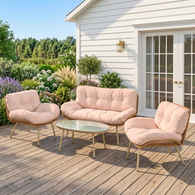 Outsunny Salon Jardin Résine 4pcs Canapé 138cm Fauteuils Table Beige