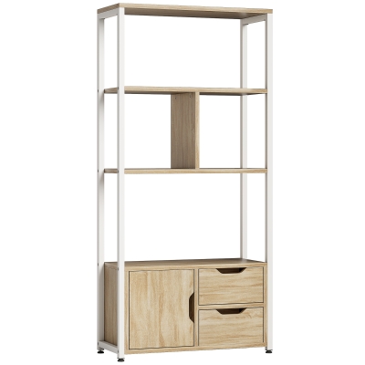 HOMCOM Librería Estantería para Libros con Estantes Cajones y Puerta 58x24x122 cm Estilo Industrial Blanco y Madera Natural