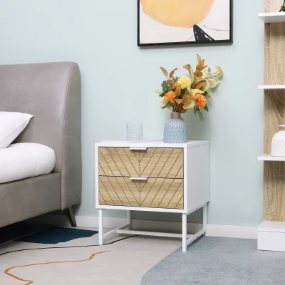 HOMCOM Mesita de Noche con 2 Cajones con Patas de Acero Mesilla Auxiliar para Salón Dormitorio 45x39x48cm Blanco y Roble