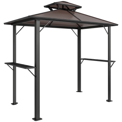 Outsunny Grillpavillon 2,5 x 1,5 m, Wasserdicht Grillüberdachung mit Doppeldach aus Polycarbonat Seitenablage Braun