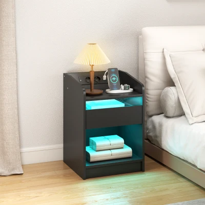 HOMCOM Mesita de Noche con Estación de Carga Luz LED RGB Cajón Estante Abierto Puertos USB y Control Remoto 40x40x58 Cm Negro