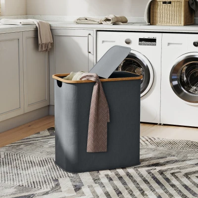 HOMCOM Panier à Linge Double 80L Pliable Gris avec Couvercle