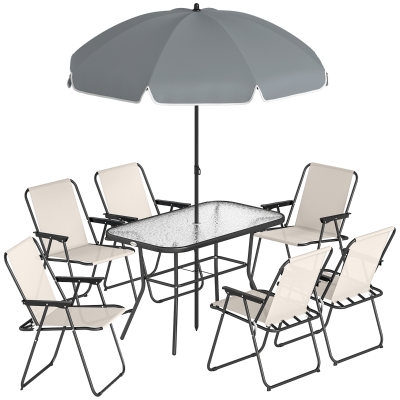 Outsunny Conjunto de Mesa y Sillas Jardín de 8 Piezas con Sombrilla 6 Sillas Plegables Mesa de Vidrio Templado Crema