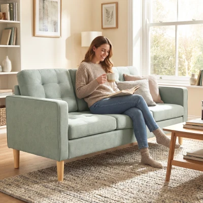 HOMCOM 3-Seater Sofa with Storage, Wood Legs, Light Grey