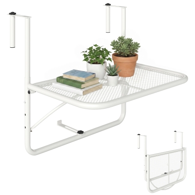 Outsunny Mesa Colgante de Balcón con Brazo Regulable y Altura Ajustable en 3 Posiciones Marco Metálico 60x56x50 cm Blanco