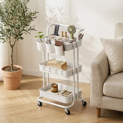 HOMCOM Carrello Cucina 3 Livelli con Cestini e Ganci Bianco
