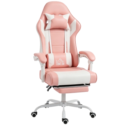 HOMCOM Silla Gamer con Lumbar Masaje Vibración Reclinable 155° Altura Ajustable Reposacabezas y Reposapiés Retráctil Rosa