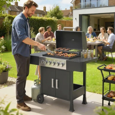 Outsunny Barbacoa de Gas con 6 Quemadores Termómetro Parrilla Mesas Laterales Armario y Ruedas 135x51x101 cm Negro