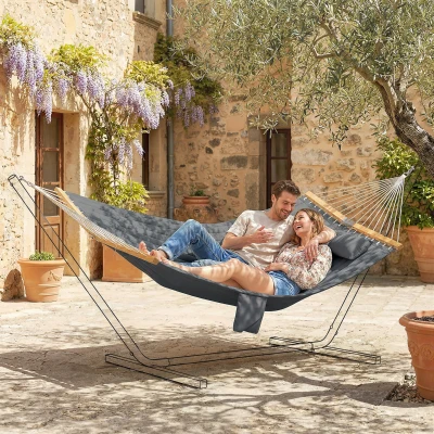 Outsunny Hängematte Outdoor 200x140cm, zweilagig Hängematte mit Kopfstütze Magazintasche Holzstäbe bis 200kg