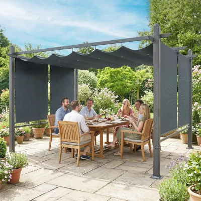 Outsunny Pergola 3 x 4 m Terrassenüberdachung mit Schiebedach, automatisch einziehbaren Rollos, UV50+ Aluminiumrahmen