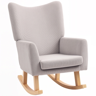 HOMCOM Schaukelstuhl im Retro-Design, Cordbezug, Kautschukholz, Schaumstoff-Füllung, hohe Rückenlehne, Polstersessel, Hellgrau