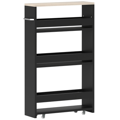 kleankin Carrito Auxiliar con Ruedas de 3 Niveles Carrito de Cocina Estrecho con 3 Estantes Tablero y Asa 48x15x80 cm Negro