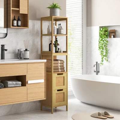 kleankin Armario Alto para Baño con 3 Estantes y 2 Cajones de Bambú Estilo Moderno 30x30x142,5 cm Natural