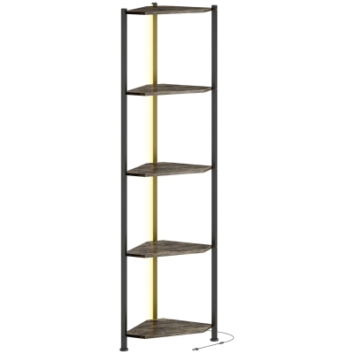 HOMCOM Bücherregal 5-stöckiges Eckregal mit LED-Beleuchtung für Wohnzimmer, Schlafzimmer, Büro, Rustikal Braun