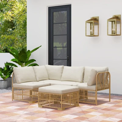 Outsunny 5-teiliges Gartenmöbelset, 2 Eckstühle, 2 Mittelstühle, Fußhocker, Sitzkissen, Rückenkissen, Hellbraun+Cremeweiß
