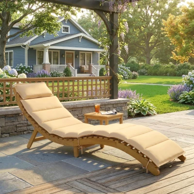 Outsunny Tumbona Plegable de Madera de Acacia con Cojín Reposacabezas Asa de Transporte para Jardín Terraza 183x54x63 cm Beige