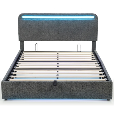 HOMCOM Lit Coffre 140x190cm LED Tête Réglable Sommier Bois Gris