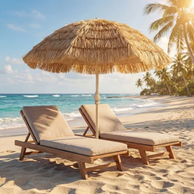 Outsunny 150 cm Hula Strohdach Tiki Strand- und Gartenschirm mit Sandanker, verstellbarer Höhe und Neigefunktion, Strohdach Sonnenschirm