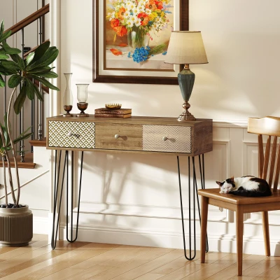 HOMCOM Mesa de Consola Mesa de Sofá con 3 Cajones con Patas de Acero Tipo Horquilla Estilo Bohemio Natural