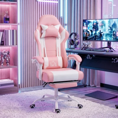 HOMCOM Silla Gamer con Lumbar Masaje Vibración Reclinable 155° Altura Ajustable Reposacabezas y Reposapiés Retráctil Rosa
