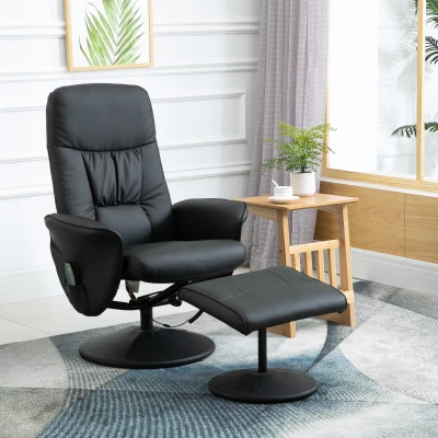 HOMCOM Poltrona relax com puff, poltrona giratória para TV com 10 pontos de massagem, reclinável, poltrona de massagem com controle remoto, bolso lateral, poltrona para TV, couro sintético, Preto