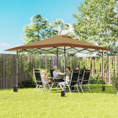 Outsunny Carpa Plegable Pop-up 4x4 m con Bloqueo Central UPF50+ Altura Ajustable Bolsas de Arena y Bolsa con Ruedas Beige y Café