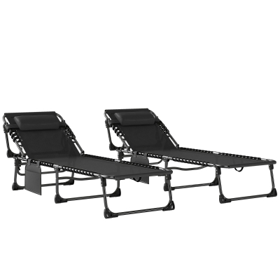 Outsunny Set de 2 Tumbonas Plegables con Reposacabezas Bolsillo Lateral y Respaldo Reclinable en 5 Posiciones Negro