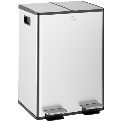 HOMCOM 2 x 28 L Doppelmülleimer, Pedalöffnung, leicht zu reinigen, Edelstahl, Kunststoff, Silber