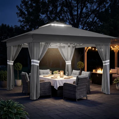 Outsunny Gartenzelt mit solarbetriebenen LED´s Gartenzelt mit Beleuchtung, 336 cm x 336 cmx 270 cm, Grau