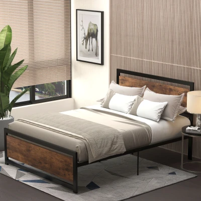 HOMCOM Estrutura de cama de casal em aço com estrado e cabeceira compatível com colchão 190 x 140 cm aspecto madeira escura