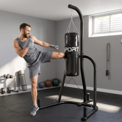 SPORTNOW Soporte para Saco de Boxeo Independiente con Saco Cuerda Elástica y Cadena 360° de Acero Negro