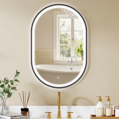 HOMCOM Espejo de Baño con Luz 60x90 cm Espejo de Pared Ovalado 3 Colores de Luz Brillo Regulable Función Antivaho Negro