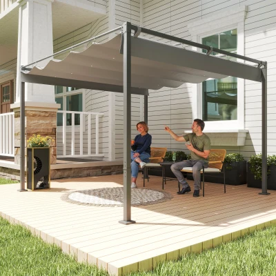 Outsunny 3 x 3 m Garten-Pergola mit einziehbarem Dach, Pavillon, Baldachin für Schatten, UPF30+, Grau