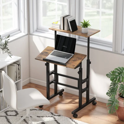 HOMCOM Secretária Ajustável em Altura para Cozinha com Prateleira e Rodízios Mesa para Computador 60x60x70,5-120 cm Castanho Rústico