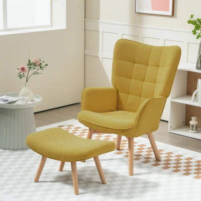 HOMCOM Akzentsessel mit Hocker, Relaxsessel in Cord-Optik, Armlehnstuhl mit Holzbeinen, für Wohnzimmer, Orange