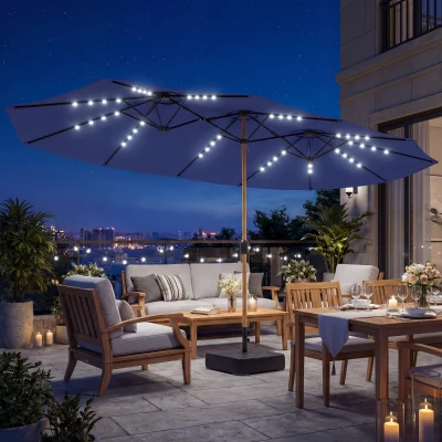 Outsunny Double-Sided Parasol w/Base & LED Lights 4.6m Blue