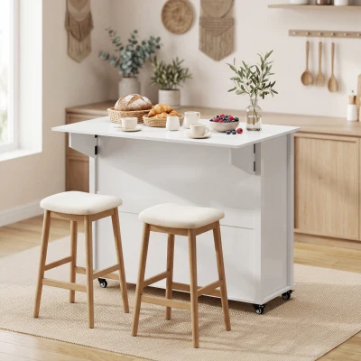 HOMCOM Isla de Cocina con Ruedas Tapa Abatible Estantes en la Puerta Toallero Armario 2 Cajones 117,5x70x91 cm Blanco