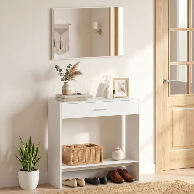 HOMCOM Recibidor de Entrada con Espejo Cajón y Estante Mueble de Recibidor para Pasillo 91,5x27,9x85,5 cm Blanco