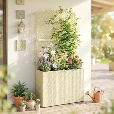 Outsunny Jardinera con Enrejado de Ratán Jardinera Exterior Grande con Macetero para Plantas Trepadoras 80x30x163 cm Beige