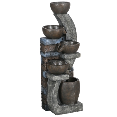 Outsunny Gartenbrunnen, Backsteinoptik, 5-stufig, Solarbetrieb, LEDs, 107cm, Kunstharz, Grau/Braun