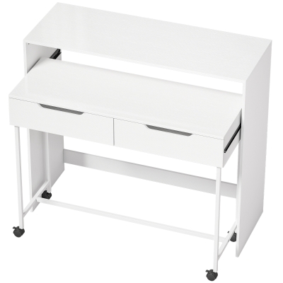 HOMCOM Secretária de Computador Extensível 100 cm com 2 Gavetas Secretária com Arrumação Estilo Moderno Branco