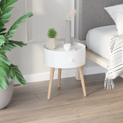 HOMCOM Mesa de centro com gaveta, redonda, design escandinavo, borda protetora, madeira, Ø38 x H45 cm, Branco