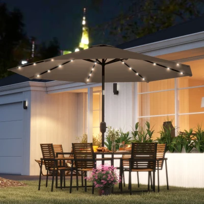 Outsunny Sombrilla de Jardín Ø265 cm con 32 Luces LED Solares Manivela y Poste de Acero para Patio Terraza Caqui