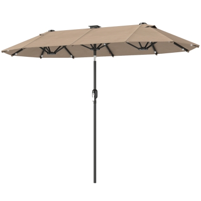 Outsunny Doppelsonnenschirm 292 x 150 cm, Sonnenschirm mit mit LED-Beleuchtung Handkurbel, Knickfunktion Khaki