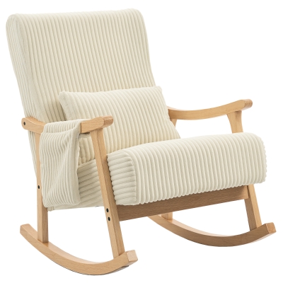 HOMCOM Silla Mecedora de Pana con Cojín Lumbar Patas y Reposabrazos de Madera de Caucho Bolsillo Estilo Moderno Beige
