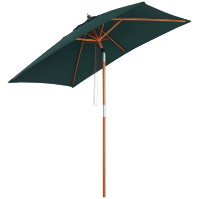 Outsunny Sombrilla Terraza Exterior 200x150 cm Sombrilla de Jardín Rectangular con Ángulo Ajustable Mástil de Madera y Manivela Parasol para Patio Terraza Verde